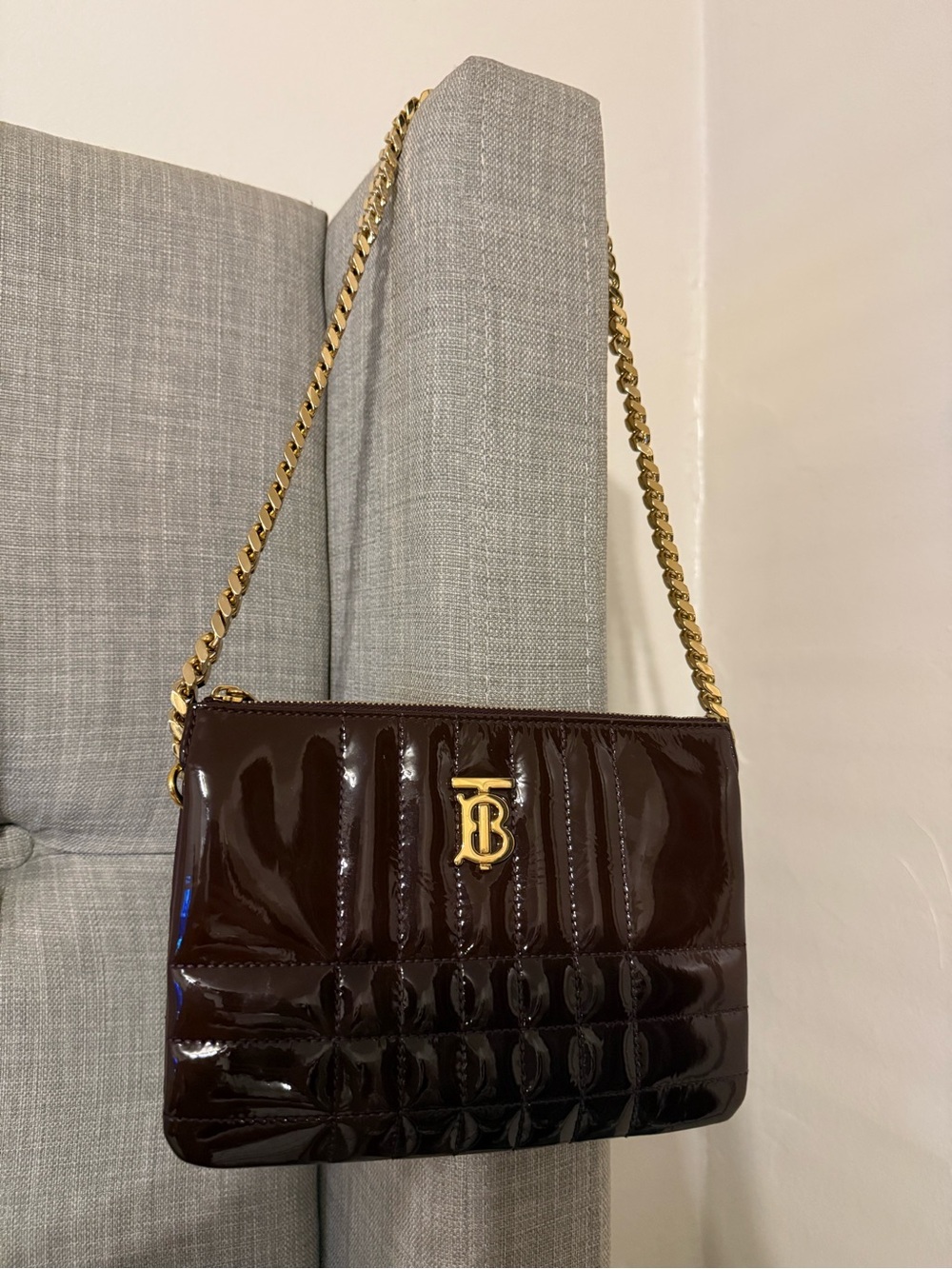Burberry Dark Brown Patent Quilted Shoulder Bag with Gold Chain